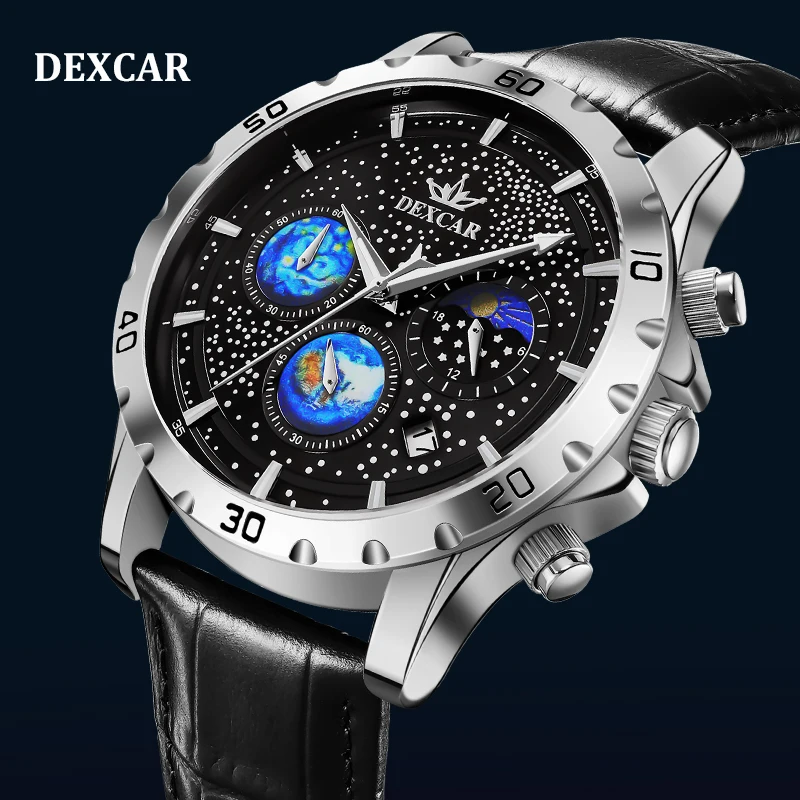 DEXCAR Men\'s Watches 2023 Quartz Watch for Men Chronograph Sports Waterproof Moon Phase Starry Sky Leather Clock Reloj Hombre