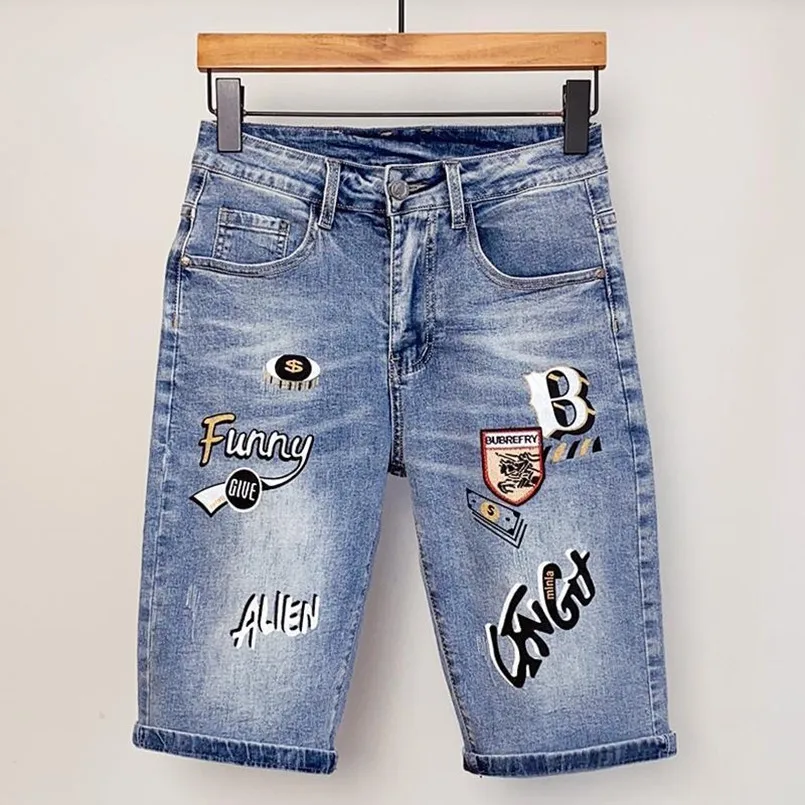 

Summer New Fashion Trend Printed Straight Leg Elastic Denim Shorts For Men's Casual Loose Retro Sports High-Quality Jeans