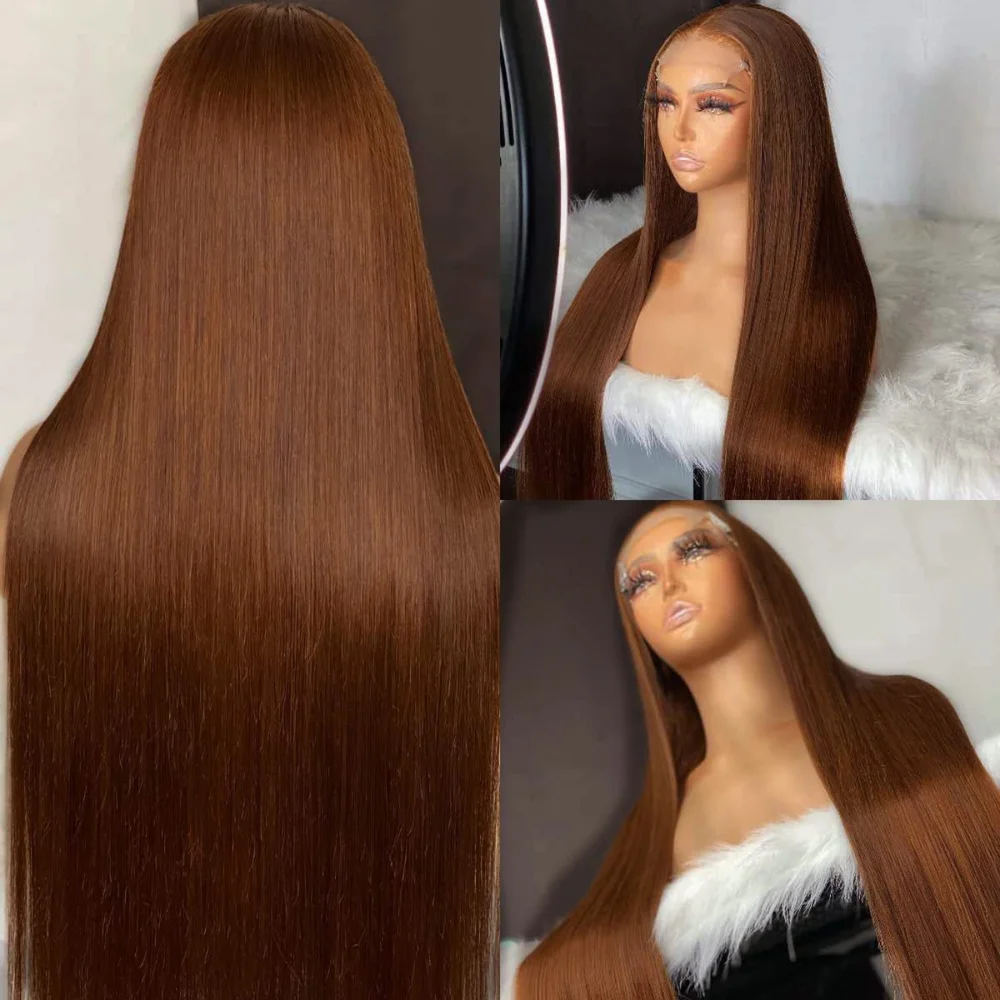 Perucas Diretas Lace Front para Mulheres, Castanho Chocolate Colorido, Cabelo Humano, Destaque Remy, Cabelo Brasileiro, 4 #, 13x4, 30 pol