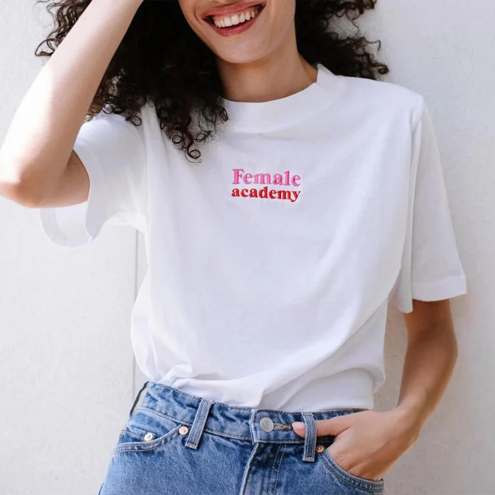 Female Academy Letters Embroidered White Short Sleeve T Shirts Women Loose Casual Cotton Basic Tops Tumblr Fashion Tees