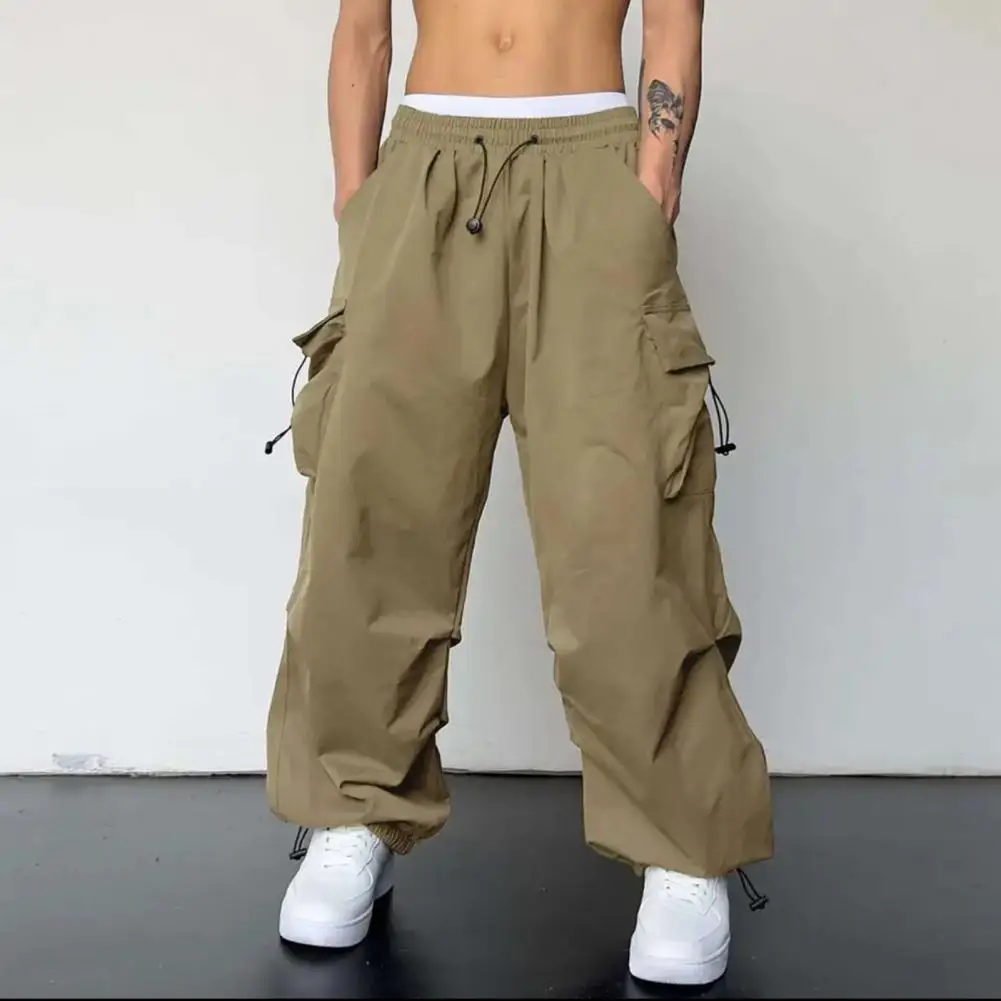 Y2K Parachute Black Elastic Waist Pants Women Streetwear Multi Pockets Cargo Trousers Harajuku Wide Leg Baggy Sweatpants