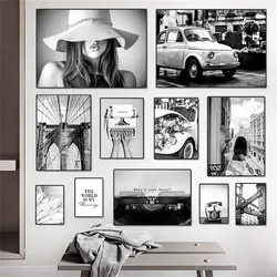 Vintage Telephone Typewriter Car Canvas Painting Black and White Poster Fashion Girl Art Prints Nordic Wall Pictures Home Decor