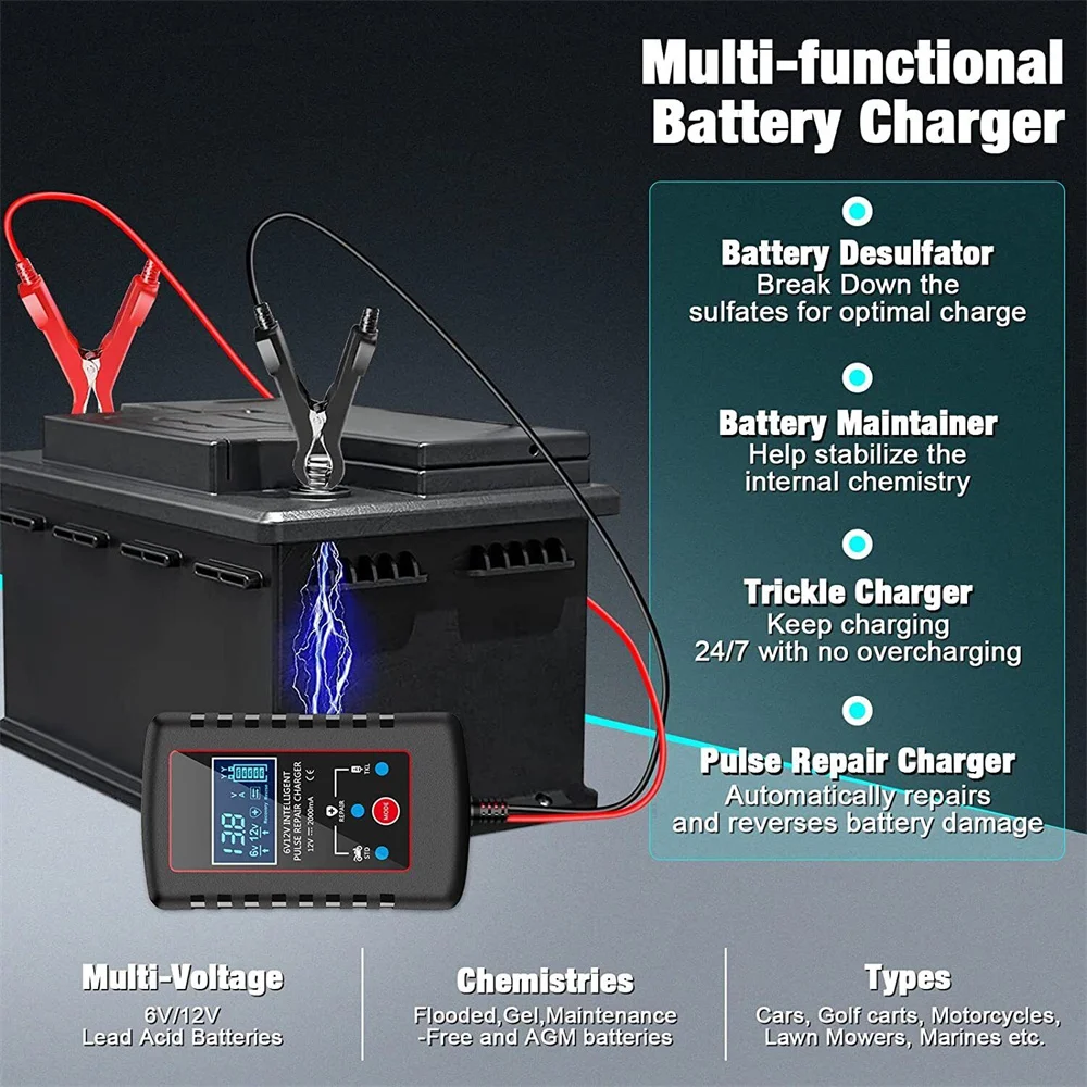 6V 12V Car Motorcycle Battery Charger Digital LCD Display Suitable for Motorcycle Lawn Mower Tractor Lead Acid AGM Gel Battery