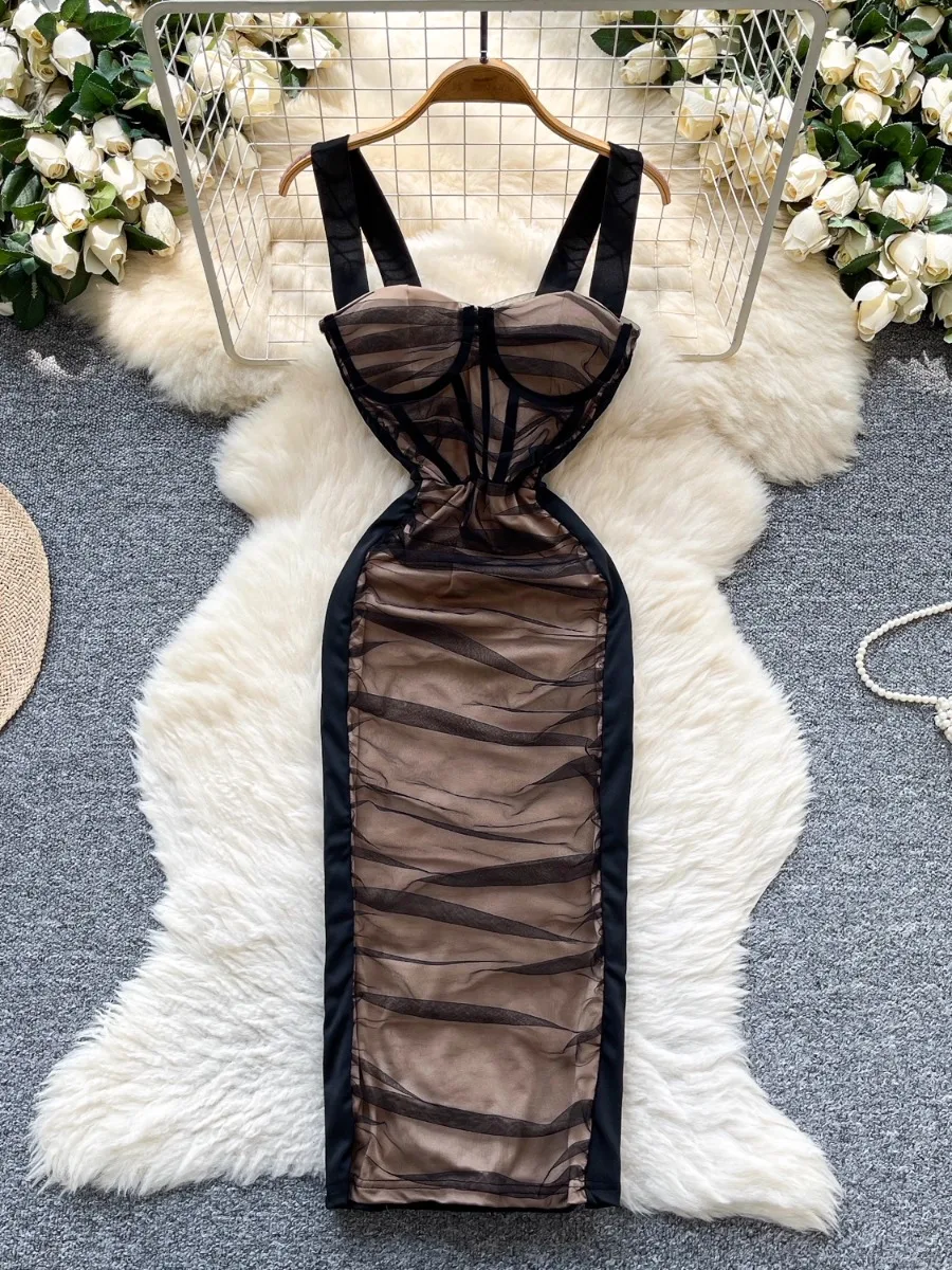 

Foamlina Elegant Mesh Strap Long Dress Women European Sexy Celebrity Pleated Cinched Waist Slim Fit Gown Black Mesh Dress