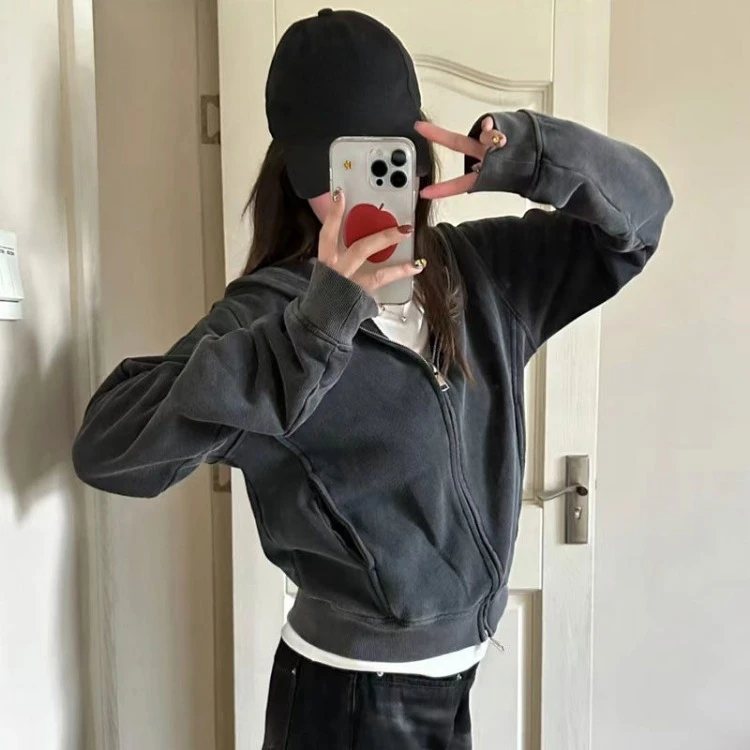 Fashion Vintage Hoodie Sweatshirts Jackets Y2k E-Girl Long Sleeve Zipper Tops Women 2024 New Loose  Coats Mujer