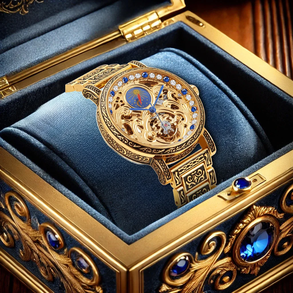 

Мужские полностью автоматические механические часы с синей стальной полосой и резной фазой луны в стиле ретро, элитный деловой стиль с полым турбийоном