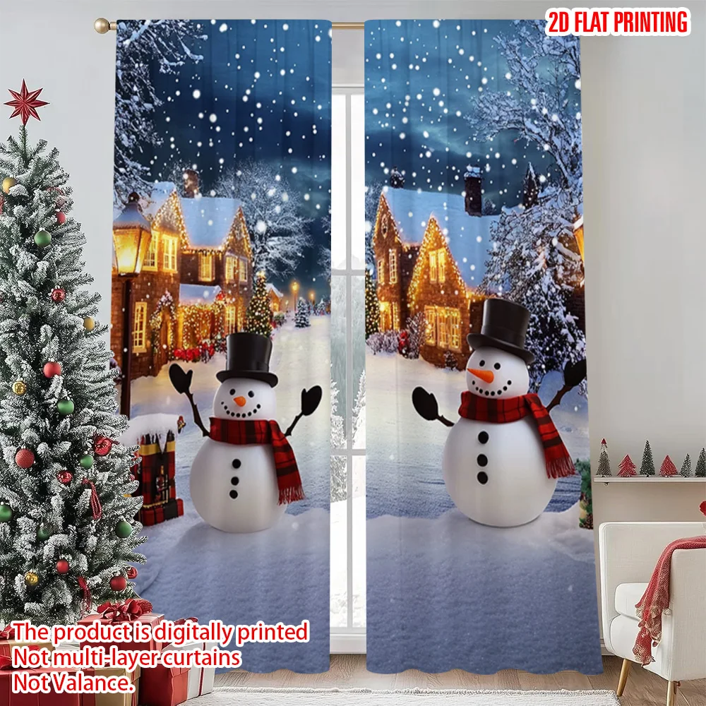 

2pcs 2D flat printing Merry Christmas Curtain Winter Town Snowman Scene1 Durable 100% Polyester Fabric Without Electricity