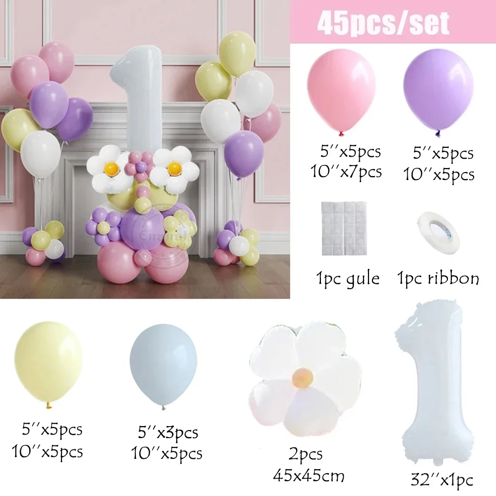 Juego de globos de margaritas coloridas para niños, decoración para fiesta de cumpleaños, Baby Shower, 45 piezas, 32 pulgadas, 1-9
