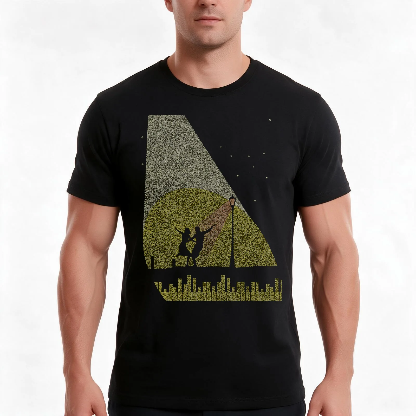 Poster of Mia and Sebastian dancing to lovely night from the movie LaLaLand made up of small curved shapes T-Shirt, 100% Cotton