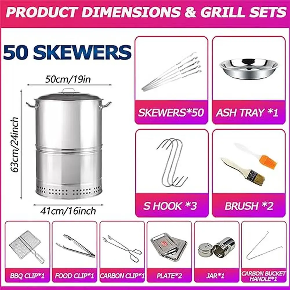 Portable Stainless Steel BBQ Charcoal Grill Barbecue Stove 360° Smokeless Barrel Oven Kit Travel Camping Picnic Beach- Includes