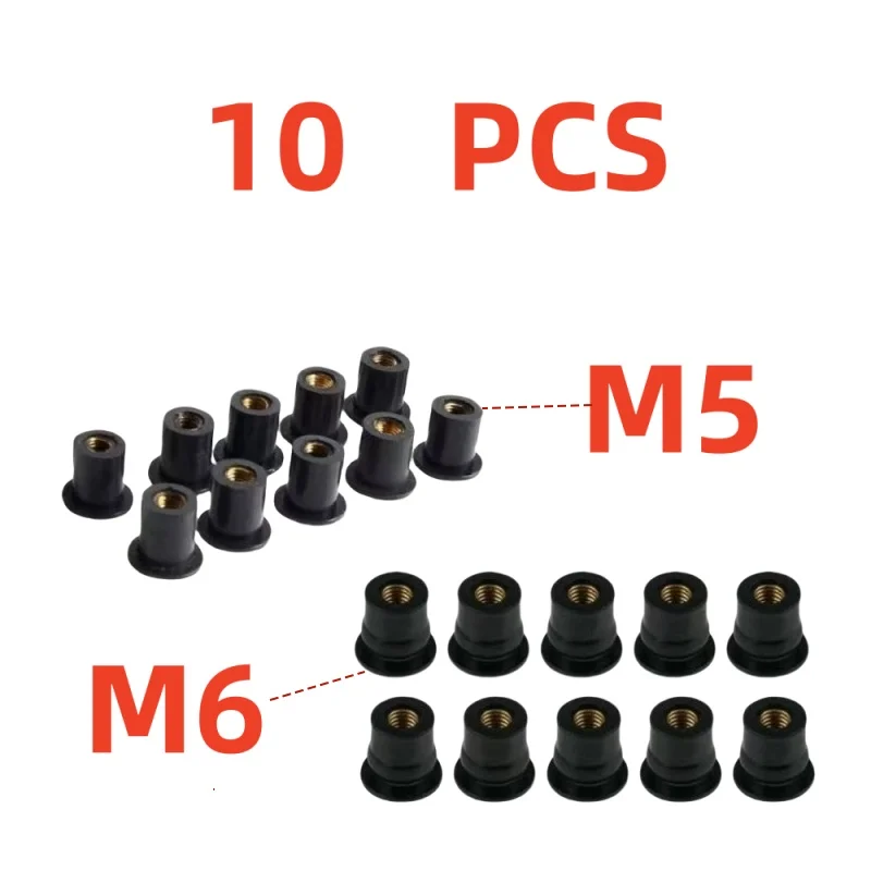 10 Pieces Well Nut M5 5mm M6 Metric Rubber Motorcycle Windshield Rubber Rivet Nut with Accessories for Honda for Suzuki