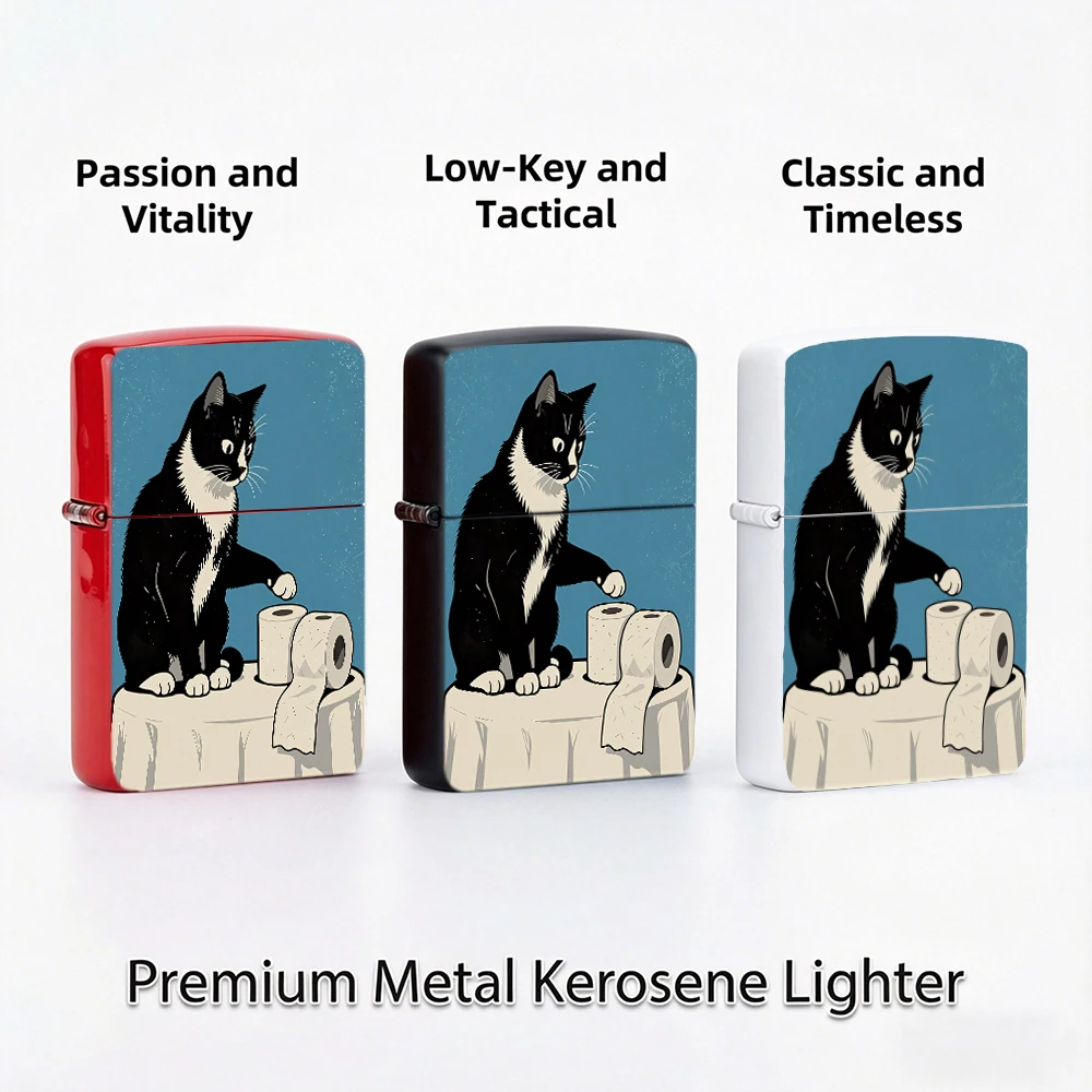 Flip Top Lighter Funny Tuxedo Cat Toilet Paper Cartoon Pattern lighters vintage lighters for smokers Humorous Style Hobby Gift