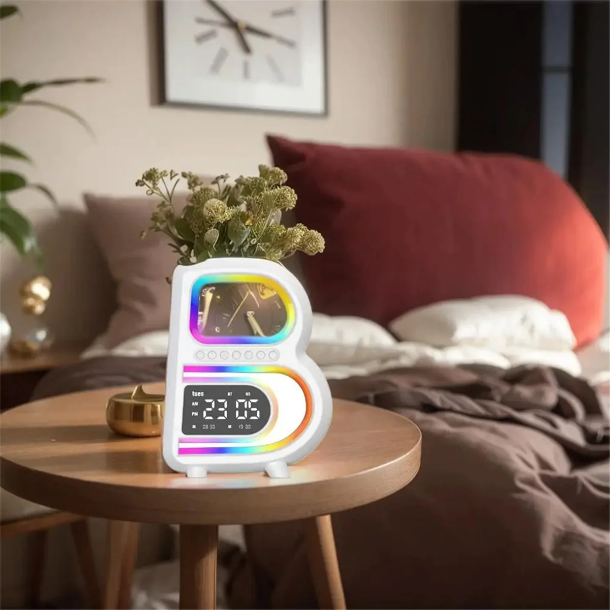 

B Shape Smart Speaker LED Wireless Fast Charger Bluetooth Speaker RGB Rainbow Atmosphere Music Pulsating Player Clock