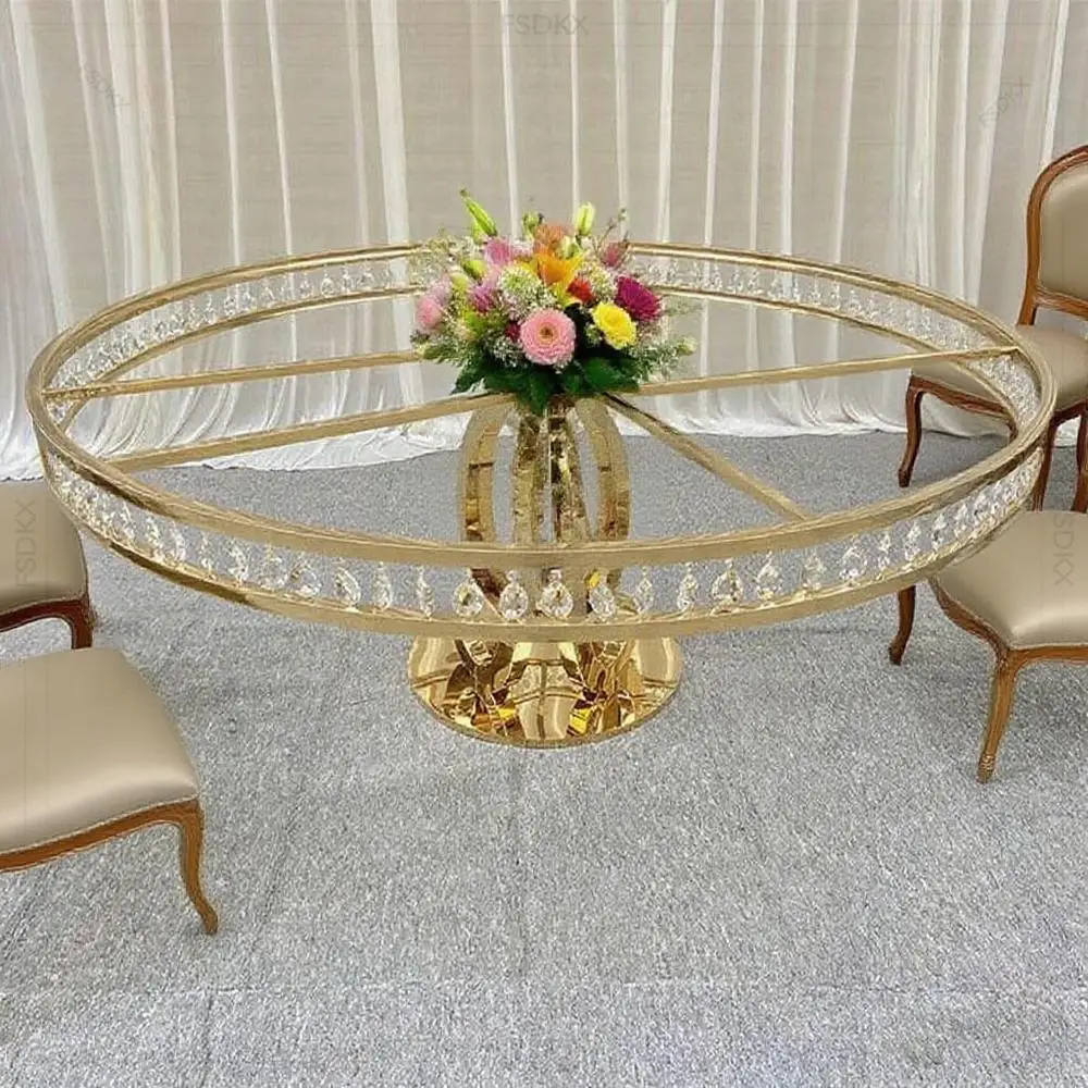 High Class Luxury Fancy Stainless Steel Table Golden Frame Round Table Dining Wedding Banquet Event Outdoor Party Table