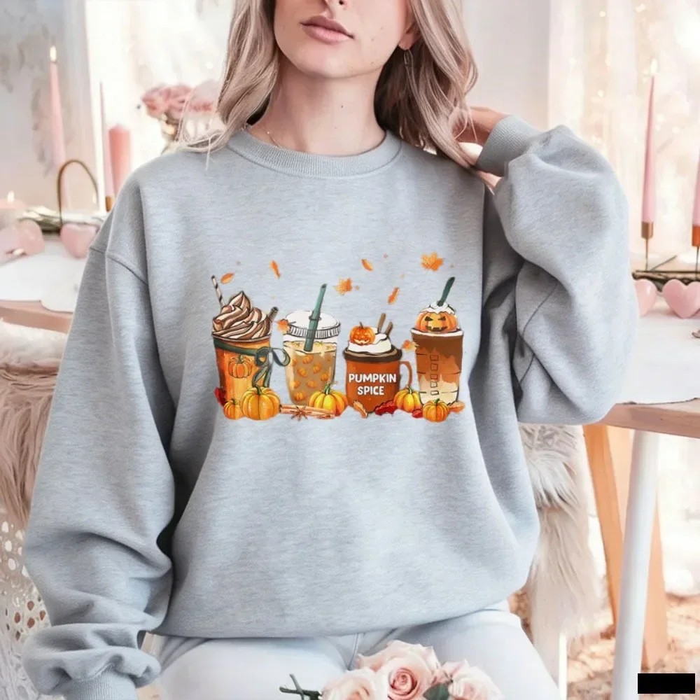 Funny Halloween Pumpkin Spice Latte Sweatshirt Fall Coffee Cups Patch Leaves Graphic Pullover Cozy Women Autumn Winter Tops view 6