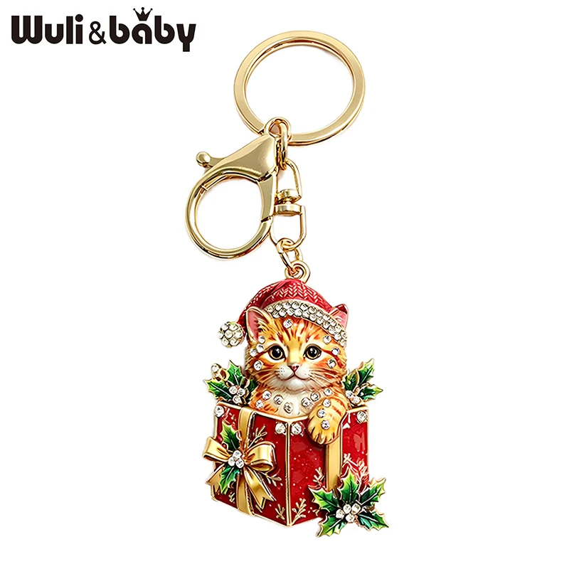 Wuli&baby – porte-clés chat en forme de boîte-cadeau de noël, mignon, pour femmes et hommes, 2 couleurs, breloques pour clés du nouvel an, chaîne, bijoux à la mode, cadeaux