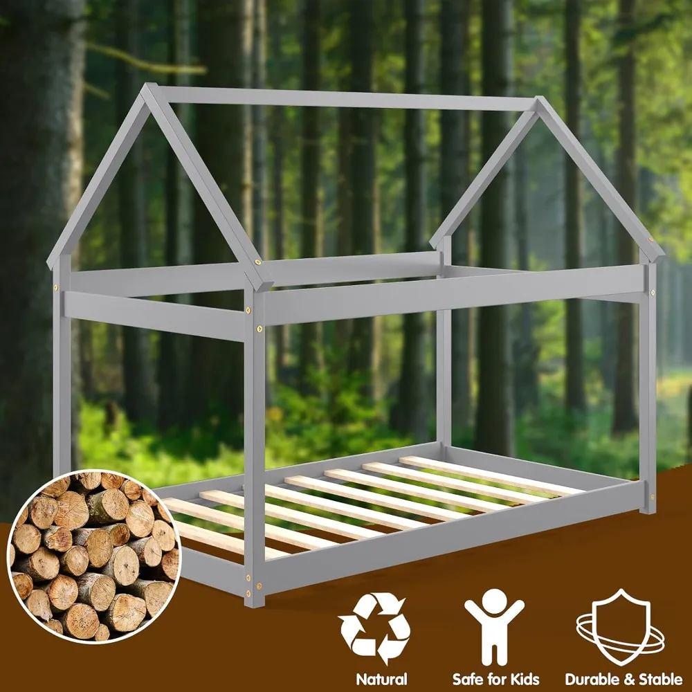 سرير توأم هاوس، سرير منخفض الطابق مع سقف، سرير أرضية مونتيسوري، لا حاجة إلى صندوق زنبركي، إطار سرير خشبي مزدوج الحجم للأطفال #4