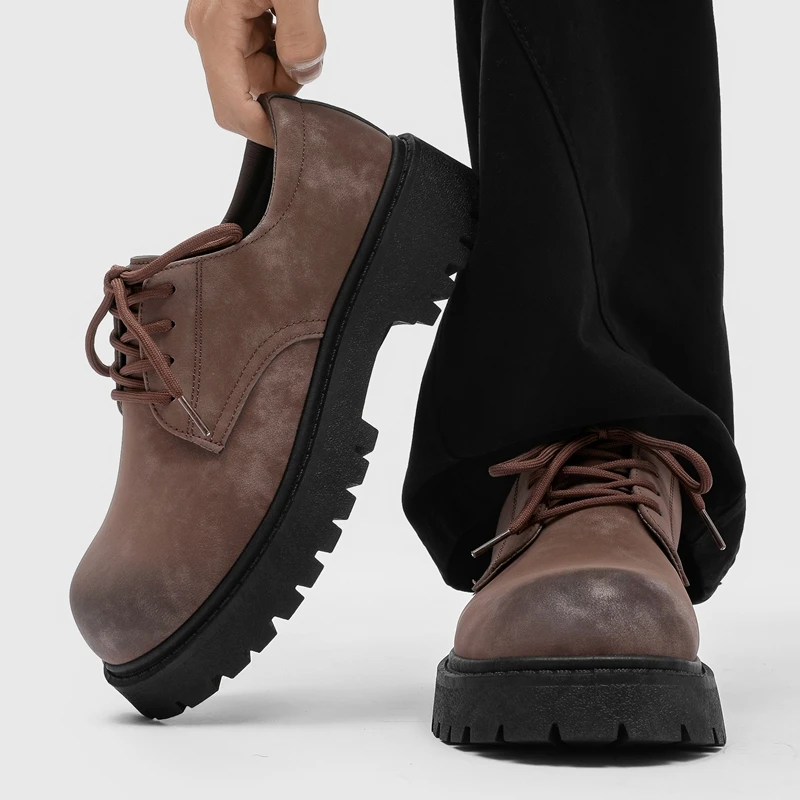 English-style Retro Platform High-top Derby Shoes for Men, Adding Height with American-style Workwear Leather Shoes