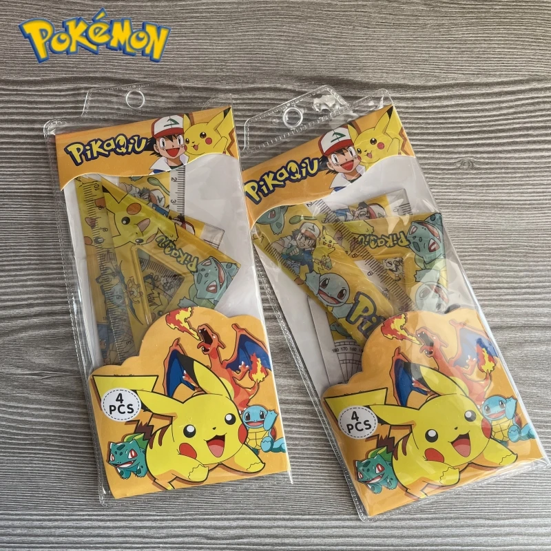 4Pcs Pokemon Pikachu Ruler Stationery Sets Triangular Ruler Protractor Geometry Maths Drawing Tools Student Stationery Supplies