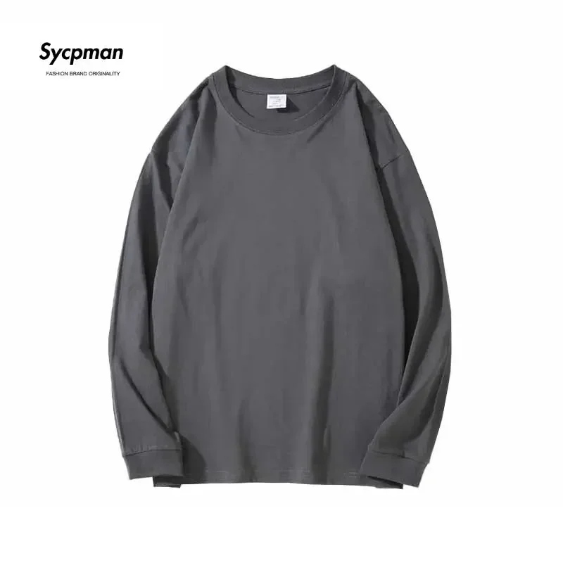 260 Grams Long Sleeved Pure Cotton T Shirt Autumn and Winter Solid O-Neck Tees Couple Loose Casual Top