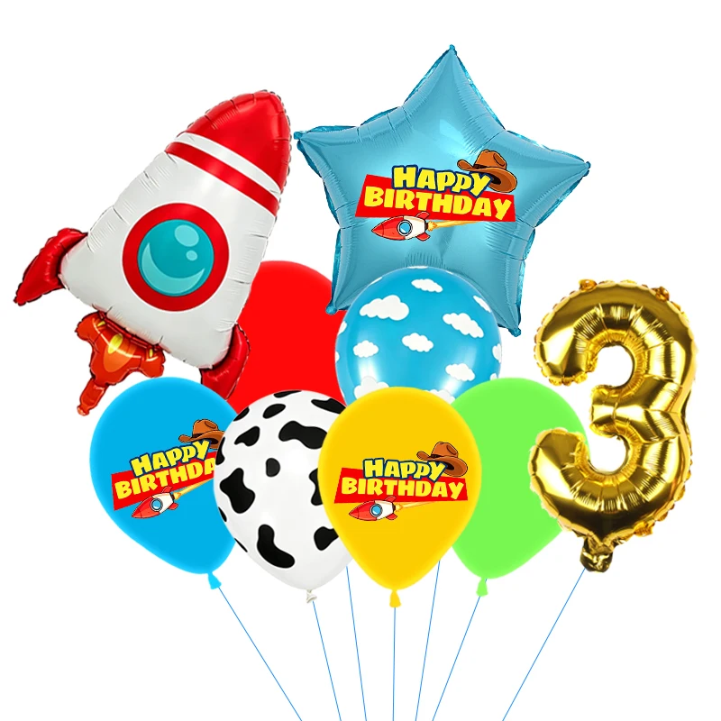 Rote, gelbe und grüne Spielzeugballons, hellblaue Ballons mit Wolken- und Kuhmuster für die Dekorationen zu Babystory- und Cowboy-Partys – Detail 31