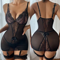 Sexy Crotchless Lingerie Plus Size Nighties Women Lace Perspective Pajamas Set Erotic Nightdress With Garters Mesh Pajama Sets