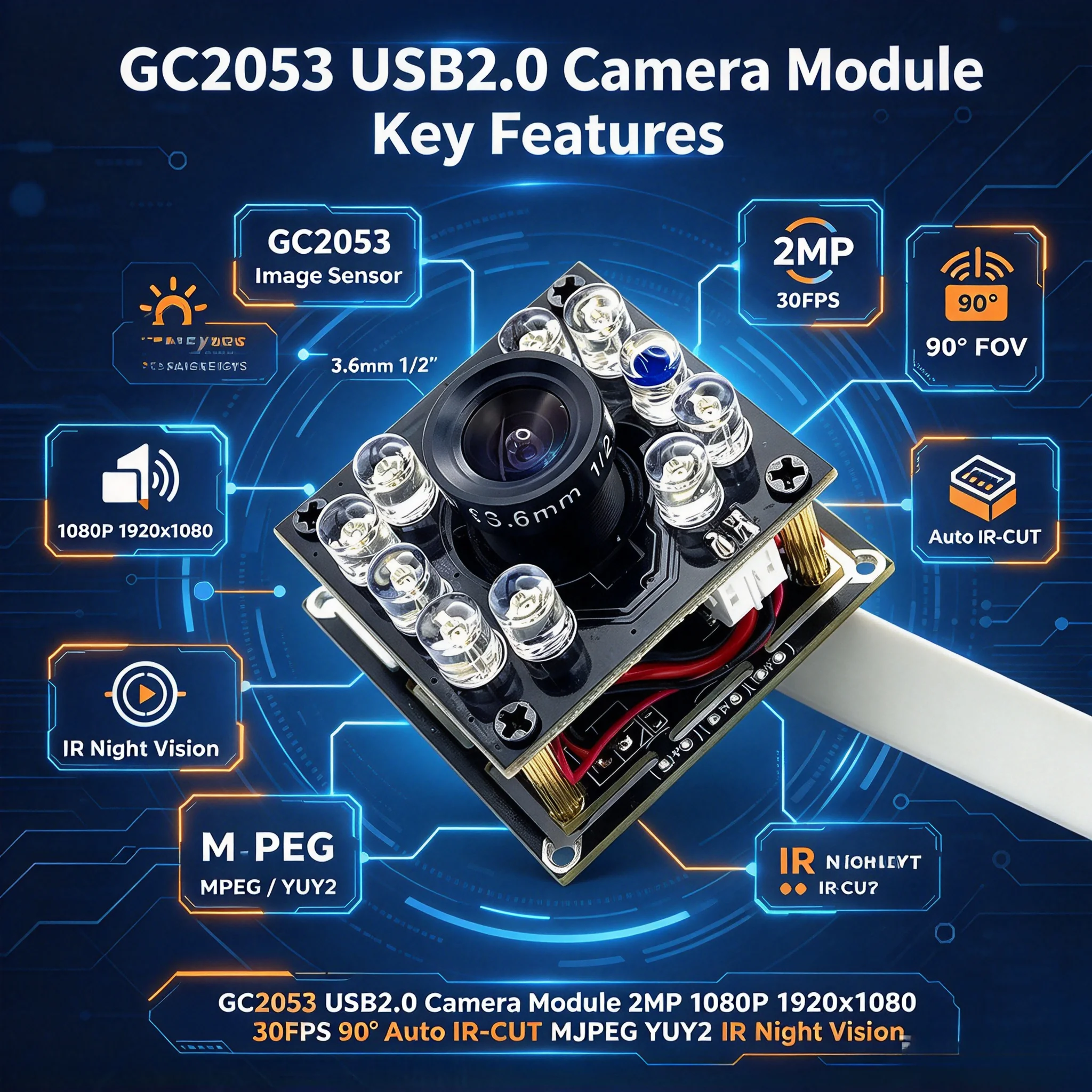 GC2053 USB2.0 Camera Module 2MP 1080P 1920x1080 30FPS 90° Auto IR-CUT MJPEG YUY2 IR Night Vision