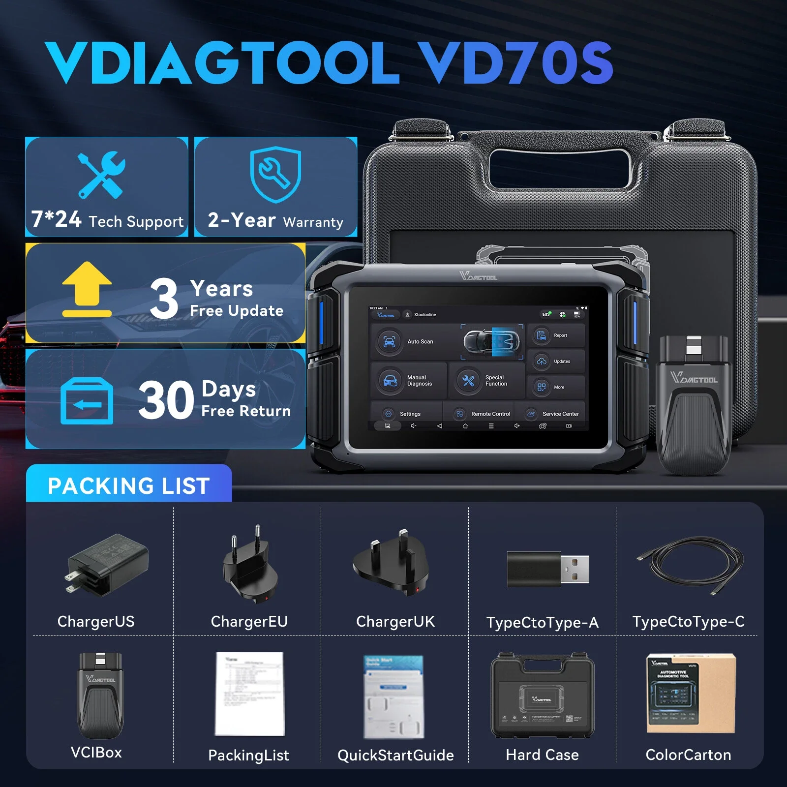 VDIAGTOOL VD70S Car Diagnostic Tools ECU Coding Automotive Scanner Support FCA /CAN FD Key Programming Tool Scanner