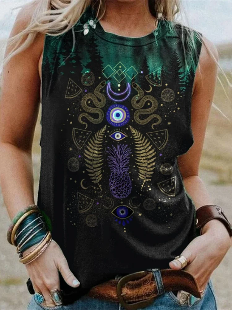 북유럽 신화 스타일 3D 복고풍 인쇄 여성 민소매 티셔츠 도시 매일 유행 티셔츠 야외 스트리트 스포츠 탑