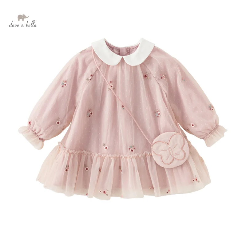 Dave Bella Mesh Floral Princess Dress Girls Baby Children 2024 New Autumn Sweet Charm Pink Fashion Long Sleeved Dress DB3242681