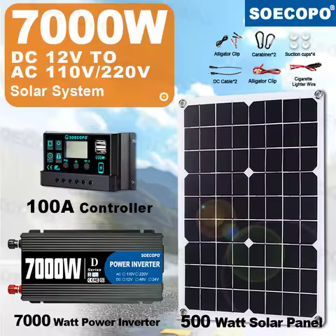 SOECOPO 7000W Solar Generator System Kit 500W Panel &amp; 100A Controller 12V To 110V/220V Inverter for Off-Grid RV/Camping