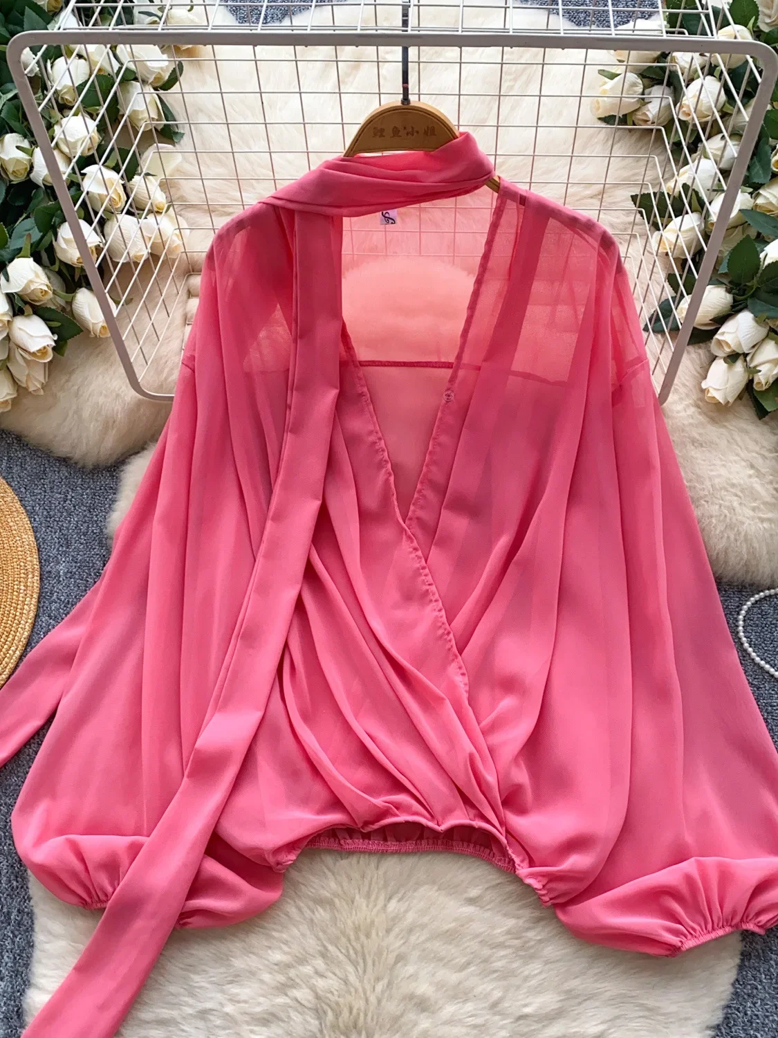 

Осенняя новая универсальная однотонная женская рубашка с объемными рукавами, тонкие сетчатые женские топы с длинными рукавами