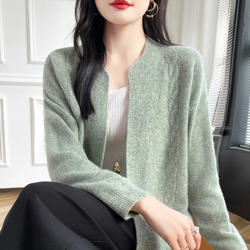 Hot Sale Autumn Winter New 100% Wool Cardigan Sweater Women's O-Neck Fashion Long Female Loose Soft Knit Large Size Coat