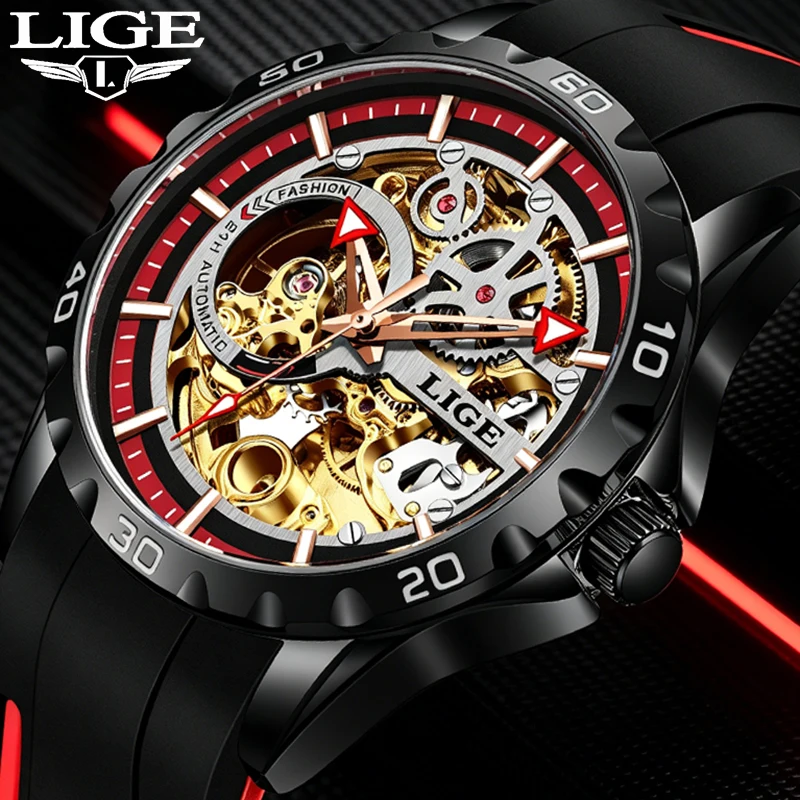 

LIGE New Skeleton Automatic Watches For Men Casual Business Silicone Waterproof Men's Mechanical Wristwatch Relogio Masculino