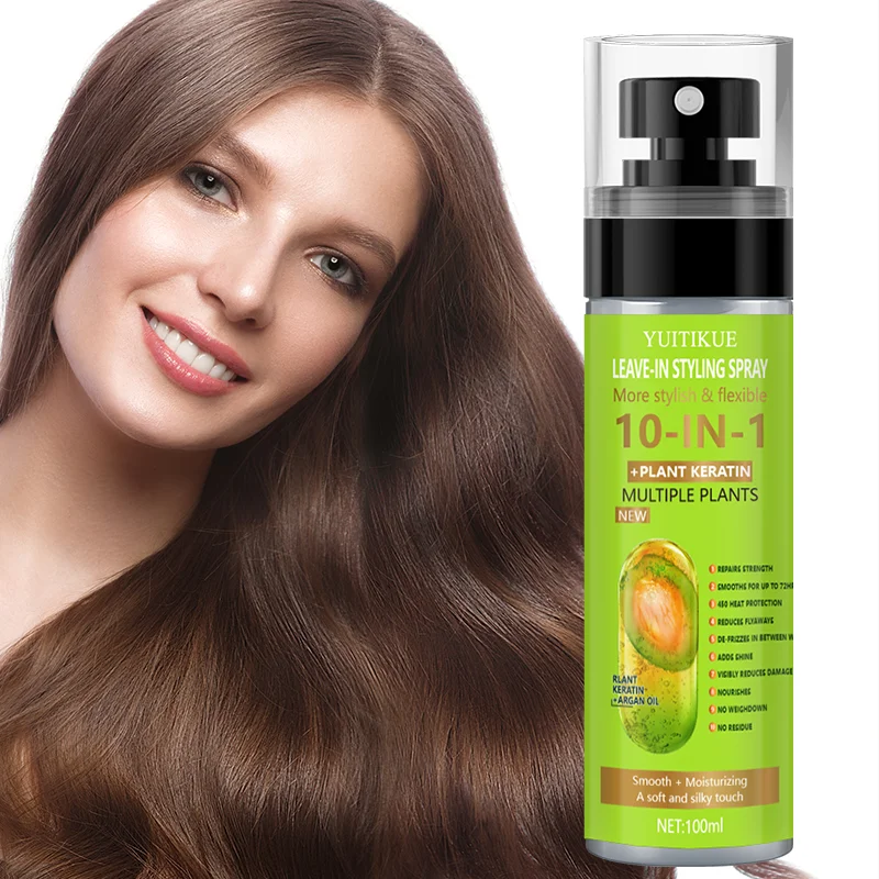 YUITIKUE Spray de Peinado sin Enjuague 10 en 1 |   Queratina vegetal y aceite de argán, suavizante e hidratante 100ml