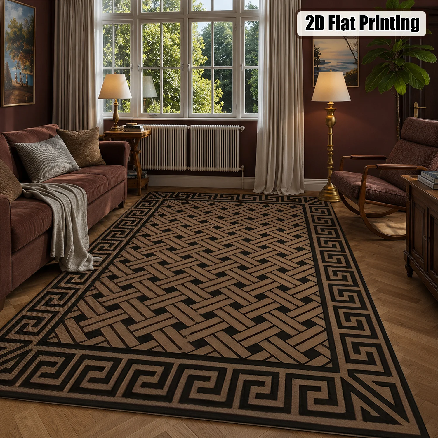 Large Indoor Area Rug, Soft Velvet Low Pile with Non-Slip Dotted Backing, Machine Washable Tan & Black Geometric Greek Key Woven Rug for Living Room, Bedroom, Entryway, Modern Home Decor - view 4