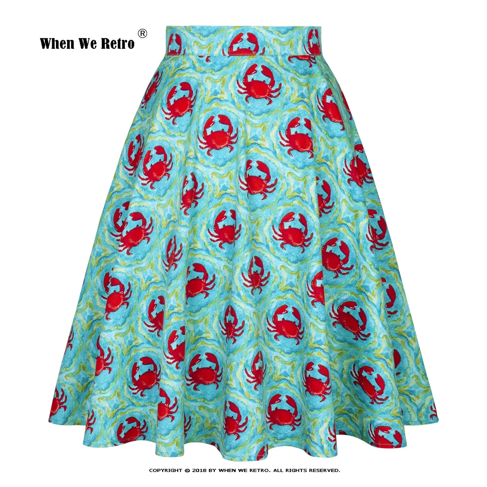 

New Blue Crabs Print A Line Retro Skirts Vintage 50s 60s Falda Mujer Cotton Rockabilly Midi Skirts Vacation Beach Jupe VD0020