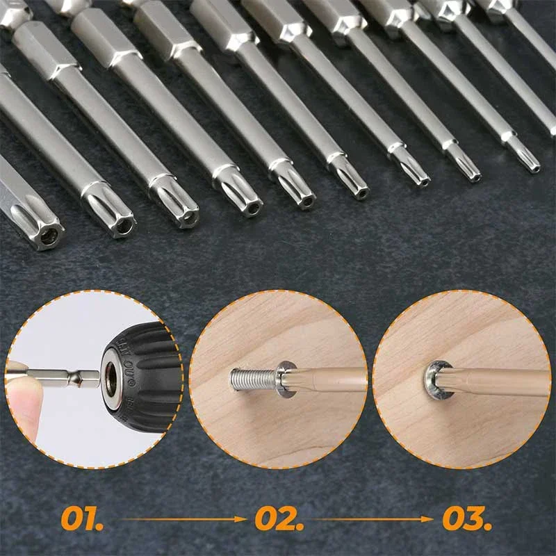 11Pcs Security Torx Bit Set Impact Rated Tamper Resistant Star Bit Set 75mm 1/4 Inch Hex Torx Screwdriver Bit Set