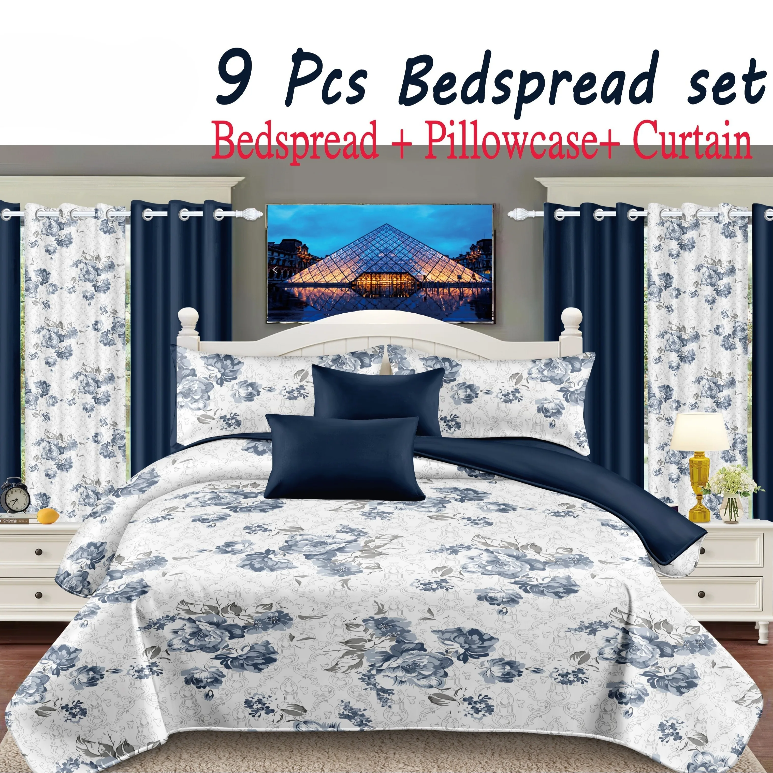 9pcs ROYBERRY Bedspread Set - Soft, Comfortable, Blue Floral Style Queen King And Cal King Size With 1 Bedspread, 2 Pillowcases, 2 Printed Curtains And 4 Solid Curtains For Any Season.