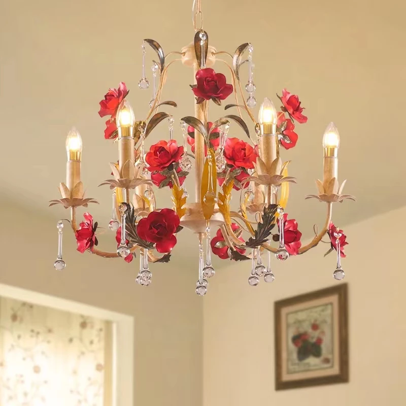 Rural Flower Grass Chandeliers Iron Living Room Restaurant Light Bedroom Rose Lamp American Country Chandelier Modern Home Decor