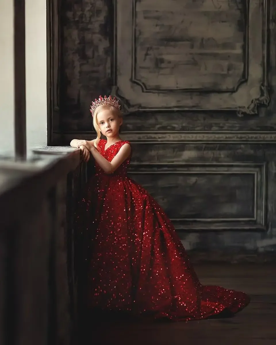 Party Dresses V Neck Sequin Pageant Dresses for Girls Sparkly Ball Gown Flower Girl Gowns Princess Kids Toddler Communion Dress