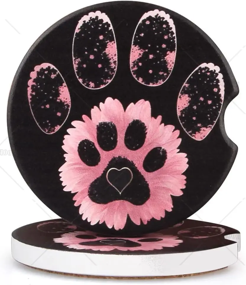 

2 Pcs Funny Car Coasters Black Ceramic Car Coasters Auto Drink Cute Flower Paw Print Coasters Dog Car Cup Coaster