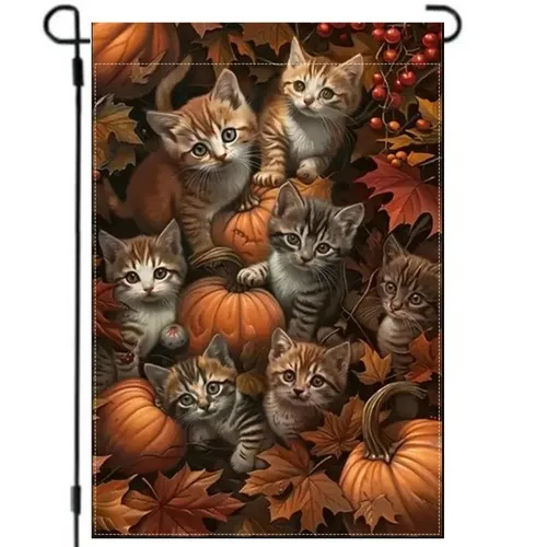 Garden Flag, 12”x18”, Autumn Pumpkins & Kittens, Burlap Polyester Doublesided UUI GGX