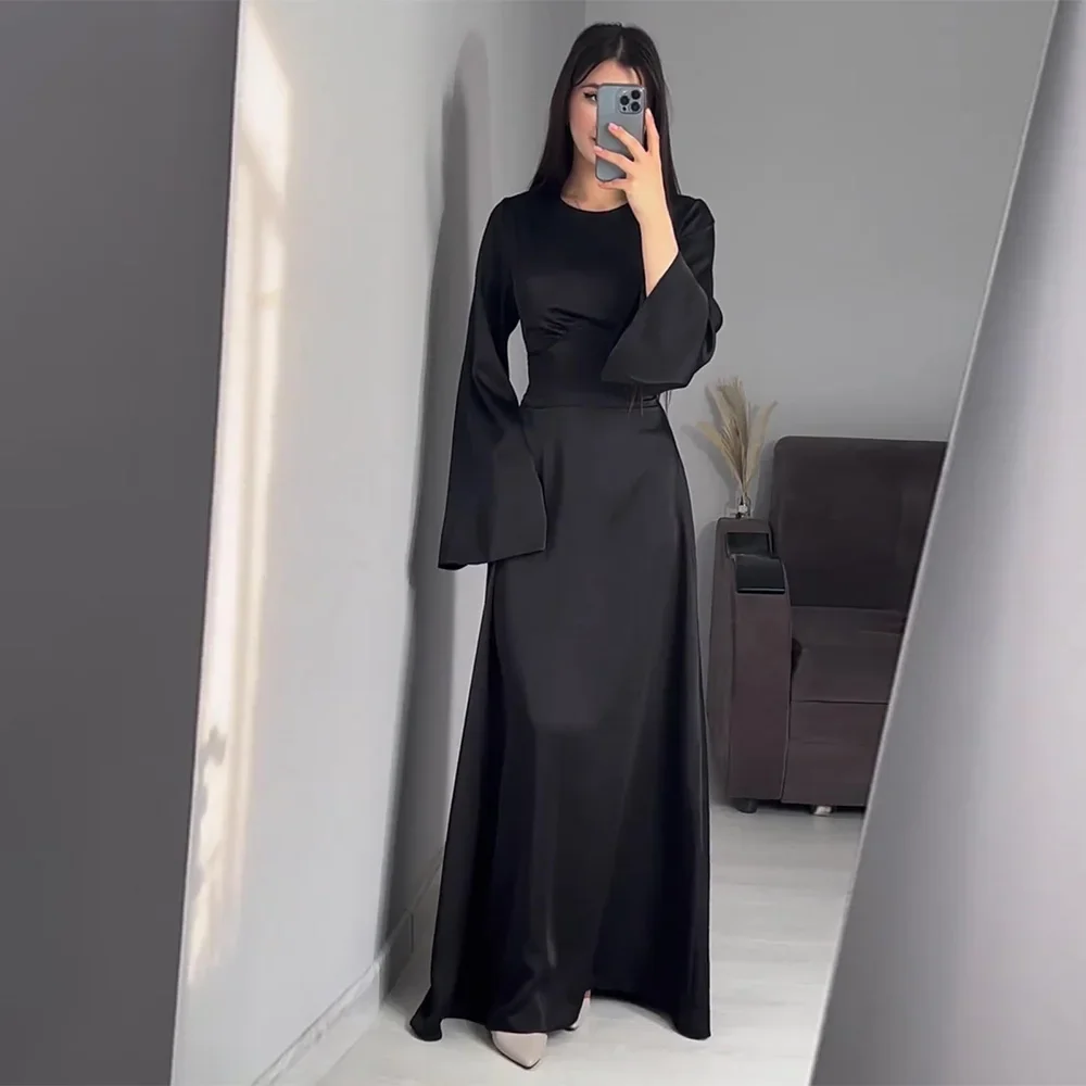 Women Clothing Lady Solid Satin Dress with Belt Femle Long Sleeve Elegant Long Dresses Partywear robes longues