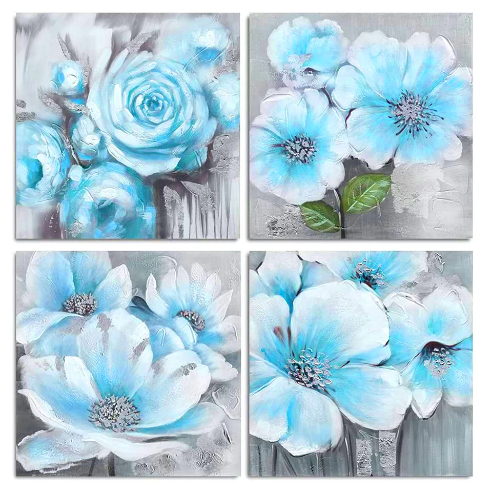 

4 Panel Blue Flower diamond painting full square/round mosaic 5d diy diamond embroidery Peony Plant,Home Decor