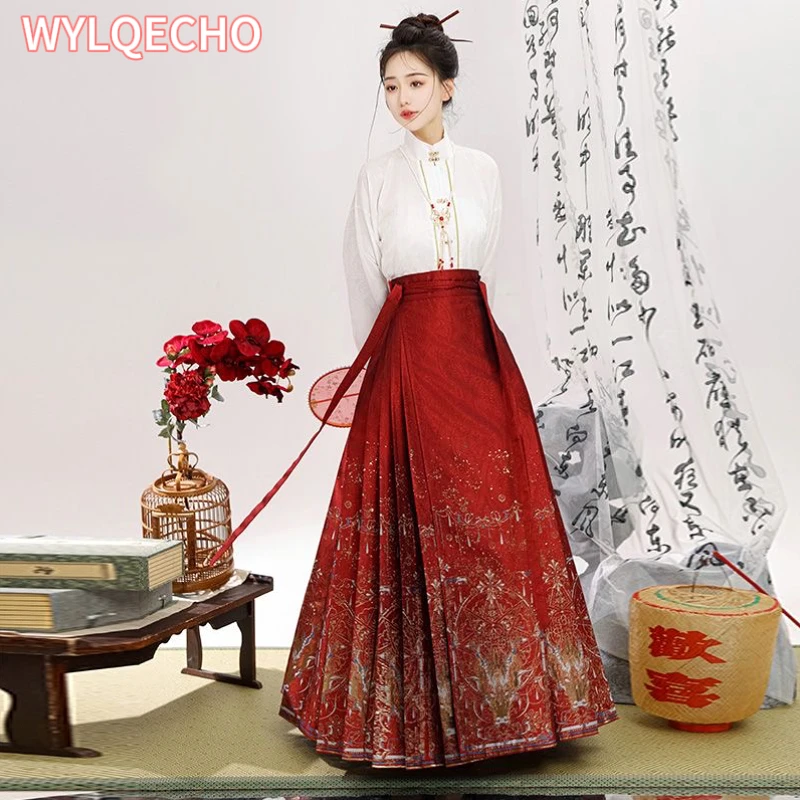 Hanfu กระโปรงหน้าม้าปักผ้ากำมะหยี่หนาสำหรับผู้หญิงเครื่องแต่งกายตรุษจีนสไตล์จีน