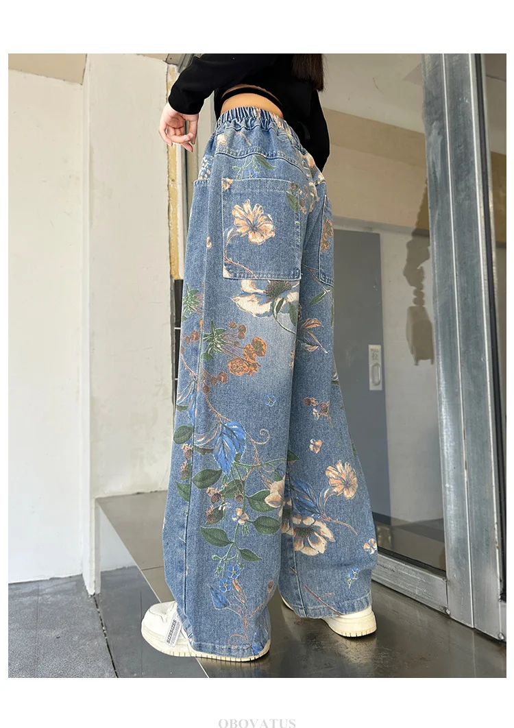 Designer-Jeans für Kinder im High-Street-Stil mit Blumenmuster für Mädchen, trendige Jeanshosen für Teenager, weite Jeanshosen mit Blumenmuster. – Detail 10