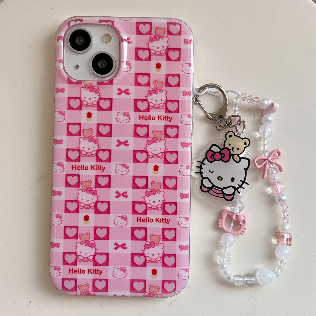 

3D Bow Hellokitty With Lanyard Grid Phone Case For iPhone 16 Pro Max 15 14 13 12 Pro Max Plus Anti fall Back Cover﻿﻿﻿