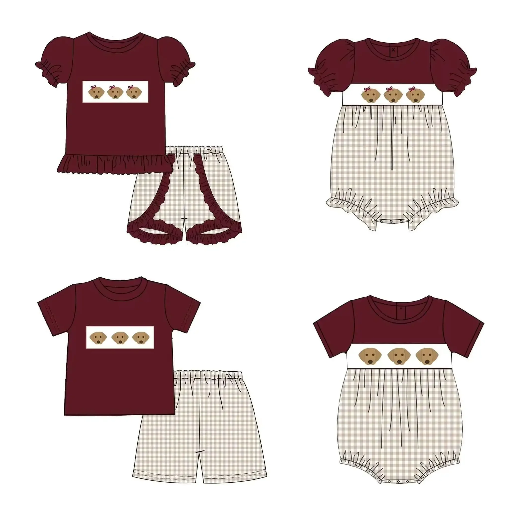 

Summer baby four-piece set brick red short-sleeved plaid shorts dog print summer hot selling clothing baby milk silk clothing wh