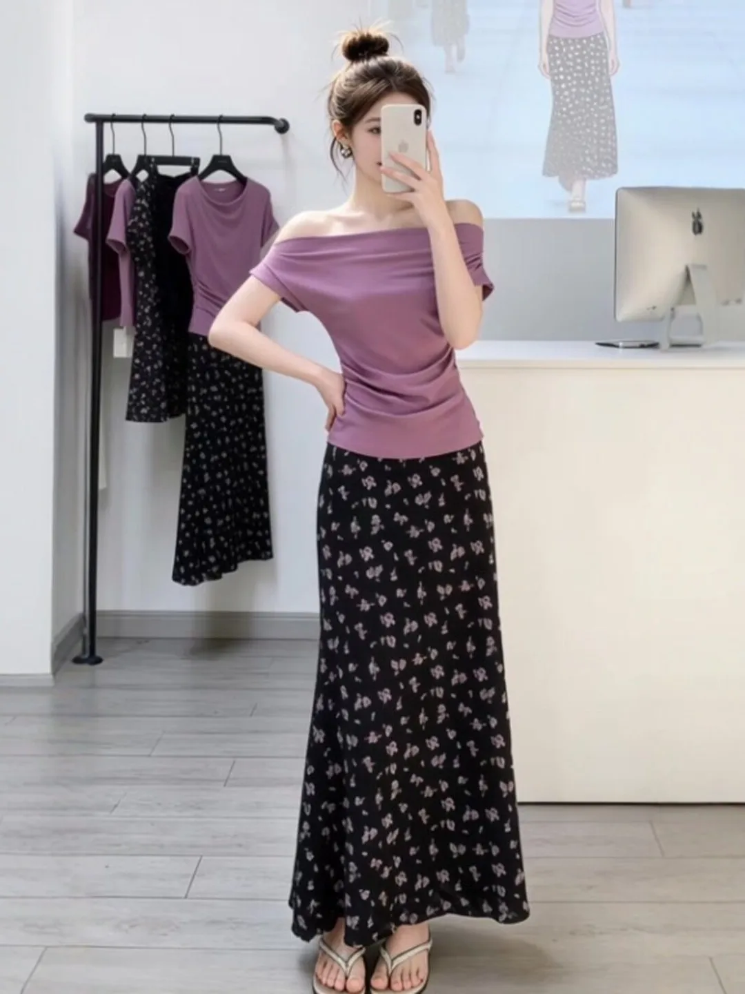 

Korean Style Gentle Wind One Shoulder Top Half Skirt Two Piece Set Complete Ootd Summer 2026 Comfortable Floral Print